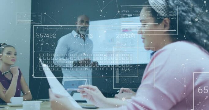 Animation of connections and data processing over diverse colleagues having meeting in office