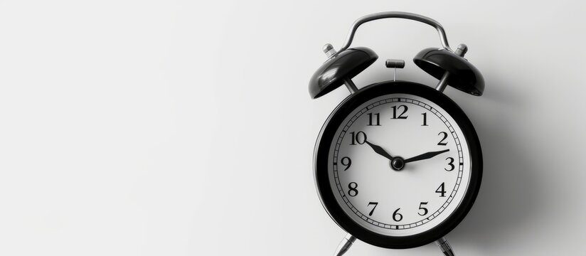 A black and white photo featuring an analog clock, a quartz timepiece with metal casing, placed on a white wall.
