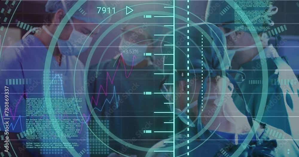 Wall mural Animation of circular scanner and data processing on charts over diverse surgeons operating