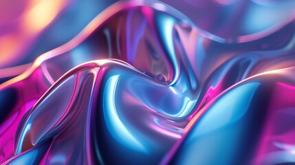 Lively neon 3D-shaped fluid waves on a gradient backdrop. Futuristic holographic abstract concept with radiant liquid shapes for desktop wallpaper. Glowing, vibrant, dynamic background.