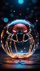 A spider is seen inside a bubble, with a dark background and glowing lights.