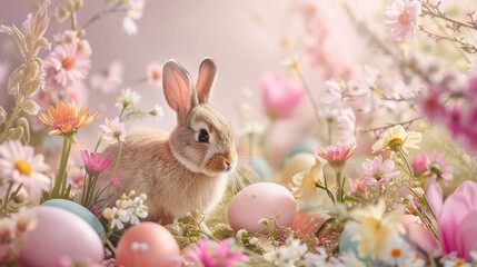Fototapeta na wymiar festive banner with hare rabbit and eggs for Easter holiday in pastel colors