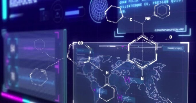 Animation of chemical formula over data processing on blue background