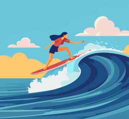 Cartoon vector illustration of Surfing people. Surfer standing on surf board in wave, surfers on beach.