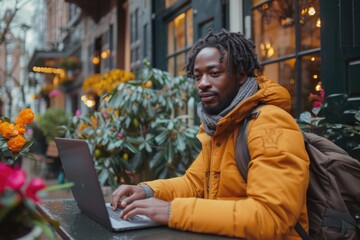 Man in yellow jacket using laptop outdoors. Candid lifestyle photography with copy space.
