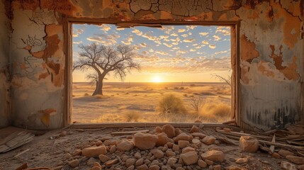 Abandoned building in the Kalahari Desert, AI-generated.