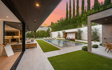 Outdoor patio adjacent to a sparkling pool in the backyard