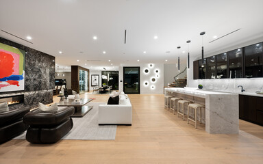 Open floor plan with a contemporary design and a marble countertop. Tarzana, Los Angeles, California