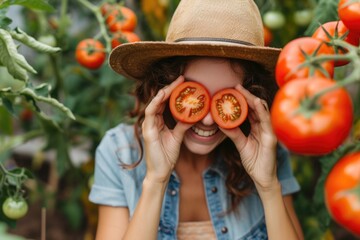 Happy woman using sliced tomatoes as eyes, standing in a greenhouse.
