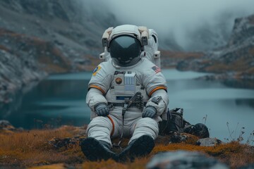 Astronaut sitting meditatively in a rugged mountain terrain.
