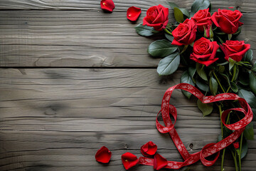 AI generated illustration of a wooden backdrop with red roses for Valentine's Day