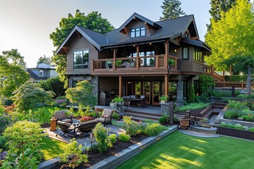 Eagle view of a craftsman house in a rich chocolate brown, with a backyard featuring a gourmet...