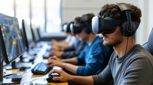 Group of Gamers Engaged in Virtual Reality Gaming at a Modern Tech Hub