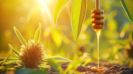 honey wood on a greenery background. Generative AI - obrazy, fototapety, plakaty