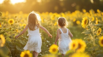 Fototapeta premium Young girls in white dresses walking in a sunflower field at sunset