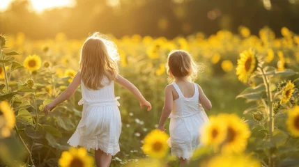Poster Young girls in white dresses walking in a sunflower field at sunset © Julia Jones