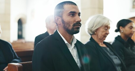 Sad, man and face closeup with depression at a funeral in church for religious service and mourning. Grief, male person and burial with death, ceremony and grieving loss at chapel event in a suit - obrazy, fototapety, plakaty
