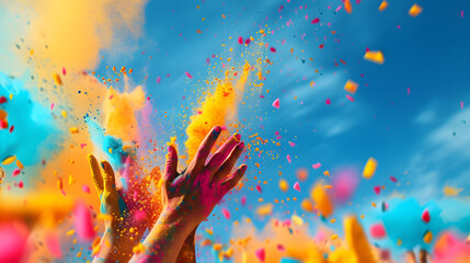 Colorful holi powder splashes at blue sky background - Format 16:9 - obrazy, fototapety, plakaty
