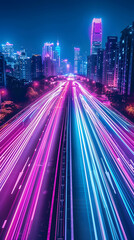 an urban background of bright light trails on a road