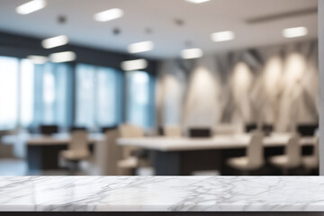 Marble stone tabletop and blurred bokeh office interior space background can used for display or montage your products