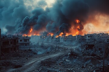 Fototapeta premium A stark representation of modern warfare's destruction, with urban areas engulfed in flames and reduced to rubble after relentless bomb and missile assaults
