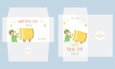 Happy Eid Mubarak money pocket, with happy little Muslim boy hitting bedug illustration. Printable Eid Al-Fitr 1445 H envelope vector.