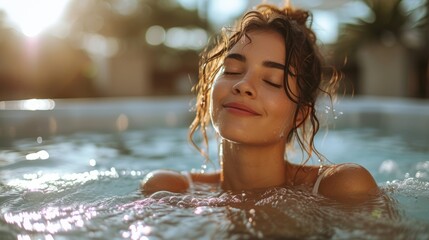 Relaxed woman enjoying hot tub spa. Close-up serene leisure portrait with sun flare - obrazy, fototapety, plakaty