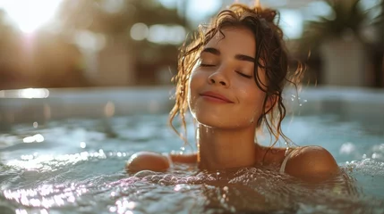 Keuken spatwand met foto Relaxed woman enjoying hot tub spa. Close-up serene leisure portrait with sun flare © Julia Jones