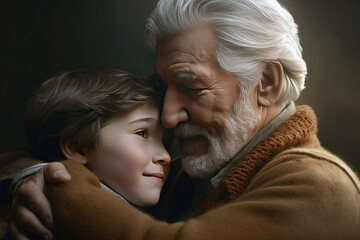 Grandfather and grandson hugging and looking at the camera - Powered by Adobe