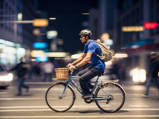 A cyclist in a blue shirt and helmet rides a bicycle with a basket across a city street at night, with blurred city lights and pedestrians in the background - obrazy, fototapety, plakaty