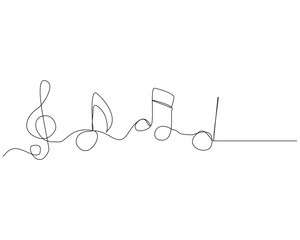 Continuous single line sketch drawing of music notes tune key. One line art of musical sound vector illustration