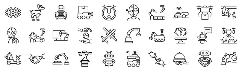 Set of 30 outline icons related to robotics. Linear icon collection. Editable stroke. Vector illustration
