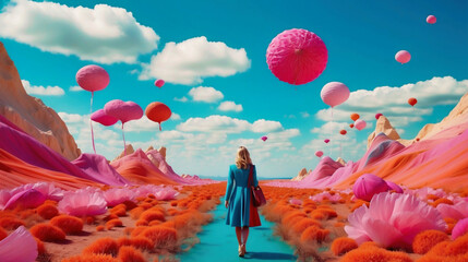 A woman in a blue dress walks down a turquoise path in a surreal landscape with oversized pink trees and flowers