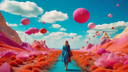 Deurstickers A woman in a blue dress walks down a turquoise path in a surreal landscape with oversized pink trees and flowers © odela
