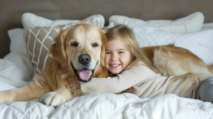 A little girl lying on a bed and cuddling with a happy golden retriever dog