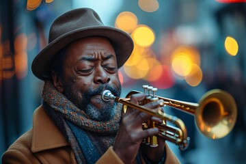 Jazzing Up the Streets: A Man in a Fedora Plays His Trumpet Generative AI
