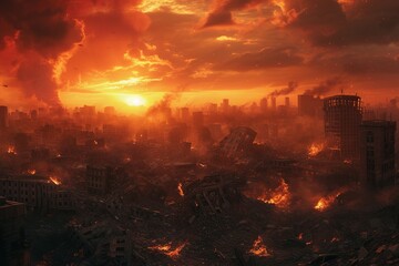 Fototapeta premium A stark representation of modern warfare's destruction, with urban areas engulfed in flames and reduced to rubble after relentless bomb and missile assaults