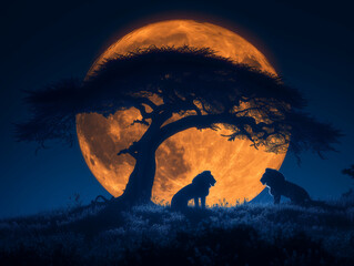 Night Silhouettes of lions in the savannah