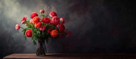 Dark backdrop with a wooden table holding a lovely bouquet of ranunculus flowers in a vase.