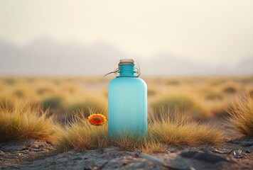A solitary blue bottle, adorned with a delicate flower, stands as a symbol of hope and resilience in the barren desert landscape, a reminder of life's enduring beauty amidst harsh conditions