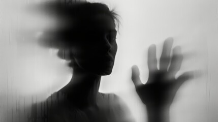 Obraz premium Woman silhouette on grey background. Blurred human hand shape out of focus. Mysterious female portrait.
