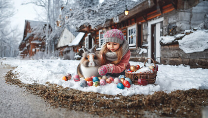 Enfant qui tend un panier rempli d'oeuf pour p&acirc;ques avec un lapin