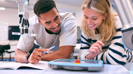 Male And Female College Or University Engineering Students In Robotics Class Working Together