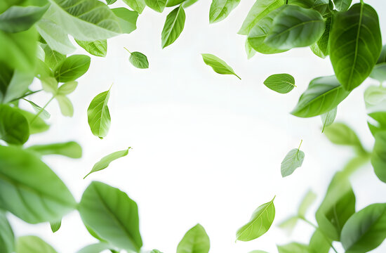 an image of several green leaves falling from the sky,  white background 