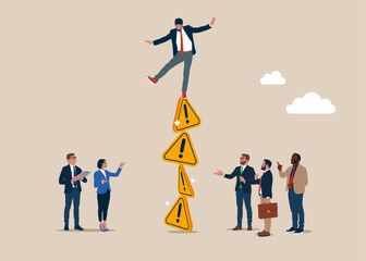 Investor falling from stack of unstable exclamation point. Flat vector illustration