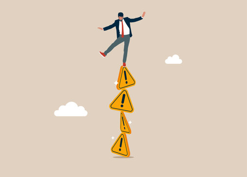 Businessman falling from stack of unstable exclamation attention sign. Unstable cooperation, risky situation. Flat vector illustration