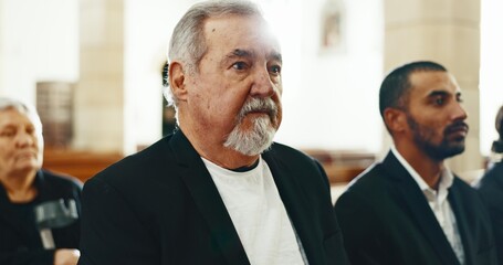 Obraz premium Sad, senior man and closeup at a funeral in church for religious service and mourning. Grief, elderly male person and burial with death, ceremony and grieving loss at a chapel event in formal suit