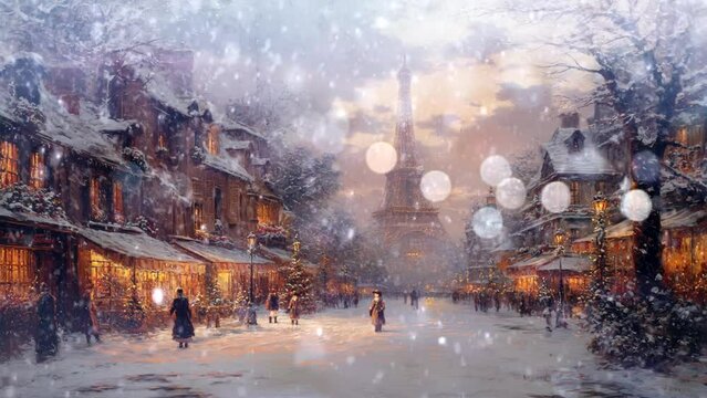 Winter landscape with snowfall, beautiful Paris when covered in snow Seamless looping time-lapse 4k animation video background Generated AI
