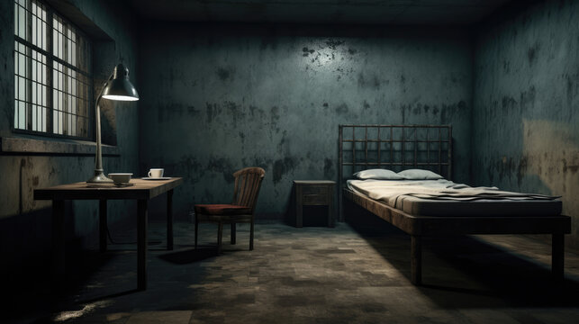 An empty prison cell with a bed and a table