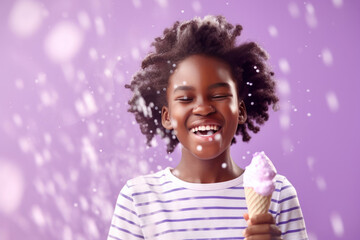Cheerful black woman with ice cream - obrazy, fototapety, plakaty